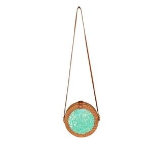 Handmade Boho Round Circular Woven Wicker Rattan Crossbody Bag Turquoise Tan